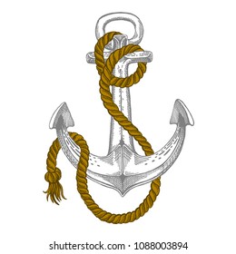 Vector anchor. Sea, ocean, sailor sign. Hand drawn vintage illustration for t-shirt, logo, badge, emblem.