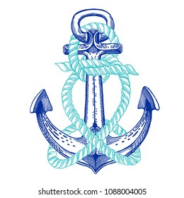 Vector anchor. Sea, ocean, sailor sign. Hand drawn vintage illustration for t-shirt, logo, badge, emblem.