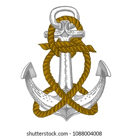 Vector anchor. Sea, ocean, sailor sign. Hand drawn vintage illustration for t-shirt, logo, badge, emblem.