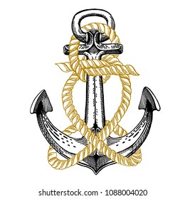 Vector anchor. Sea, ocean, sailor sign. Hand drawn vintage illustration for t-shirt, logo, badge, emblem.
