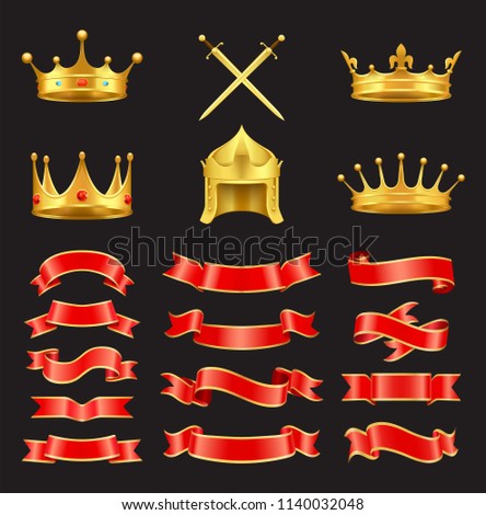 Vector ancient armorial symbols. King and monarch crown and diadem, knight gold helmet and sword, heraldic straight and embowed ribbons isolated.