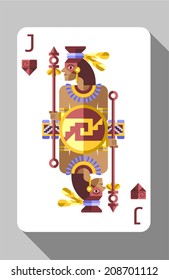 Vector ancient Aztec symbols, decorations and playing card. Warrior