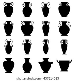 Vector ancient black greek vases set. Collection of urns. The symbols of antiquity and Greece. Amphora icon isolated on white background
