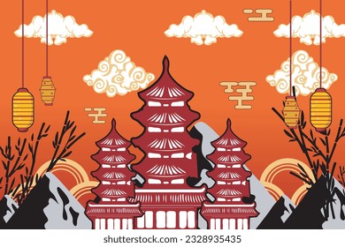 vector of ancient china temple buildings and china cloud mountains, lanterns and Chinese elements