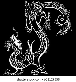Vector of Ancient Chinese Dragon Pattern. White Dragon isolated on Black background. Vector illustration