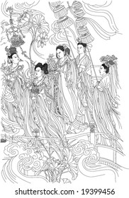 Vector of Ancient Chinese mural painting 60 gods, by Daozi Wu, a very famous painter in Tang dynasty of China