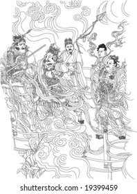 Vector of Ancient Chinese mural painting 60 gods, by Daozi Wu, a very famous painter in Tang dynasty of China