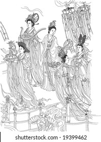 Vector of Ancient Chinese mural painting 60 gods, by Daozi Wu, a very famous painter in Tang dynasty of China