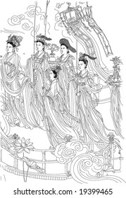 Vector of Ancient Chinese mural painting 60 gods, by Daozi Wu, a very famous painter in Tang dynasty of China