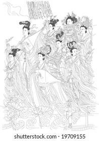 Vector of Ancient Chinese mural painting 60 gods, by Daozi Wu, a very famous painter in Tang dynasty of China