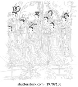 Vector of Ancient Chinese mural painting 60 gods, by Daozi Wu, a very famous painter in Tang dynasty of China