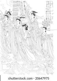 Vector of Ancient Chinese mural painting 60 gods, by Daozi Wu, a very famous painter in Tang dynasty of China