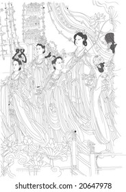 Vector of Ancient Chinese mural painting 60 gods, by Daozi Wu, a very famous painter in Tang dynasty of China