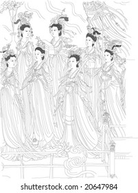 Vector of Ancient Chinese mural painting 60 gods, by Daozi Wu, a very famous painter in Tang dynasty of China