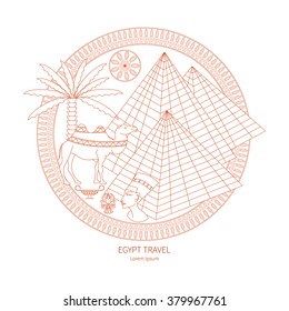 Vector Ancient Egypt in the fashionable concept linear style icons and symbols of Egypt in the form of a circle - pyramid, camel, palm on an isolated background