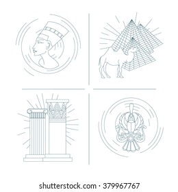Vector Ancient Egypt in the fashionable concept linear style on the isolated background - the symbols of Egypt, Nefertiti, pyramid, camel, scarab, columns