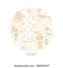 Vector Ancient Egypt in the fashionable concept linear style icons and symbols of Egypt in the form of a circle - pyramid, camel, scarab, Pharaoh