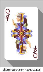 Vector ancient Egyptian symbols, decorations and playing card. Queen