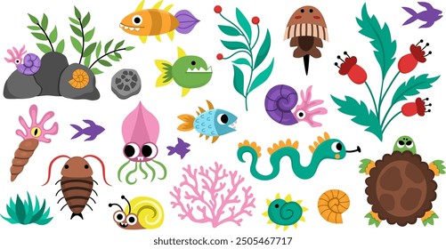 Vector Conjunto de peces y criaturas marinas antiguos. Colección de iconos de animales de agua prehistórica linda. Ilustraciones del período de los dinosaurios con tortuga, amonita, nautilus. Elementos de insectos gigantes y escarabajos para niños