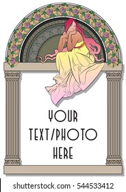 Vector Ancient Goddess Greeks Rome Woman Frame with Columns and Flowers Art Drawing