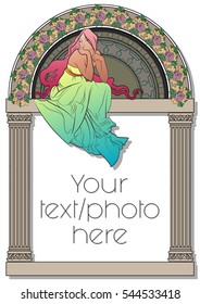 Vector Ancient Goddess Greeks Rome Woman Frame with Columns and Flowers Art Drawing