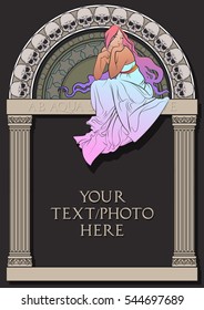 Vector Ancient Goddess Greeks Rome Woman Frame with Columns and Skulls Art 