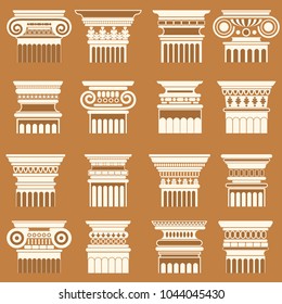 Vector ancient greek roma column capitals silhouette set.