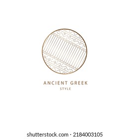 Vector ancient greek round gold logo of geometric elements of nature, mountains, sun, rivers. Sacred round symbol, the emblem of the ancient Greeks. Icon, business emblem for design, esoteric, tattoo