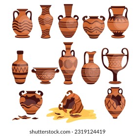 Vector ancient Greek vases set. Logos with Greek antiquity urns. Damaged cracked ancient Greek vases. Old Roman handmade clay pots. Flat graphic vector illustrations isolated on white background