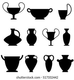 Vector ancient greek vases set. Amphora, kyathos, skiathos, pelike, pithos, lekythos, kantharos, kylix, laginos. Symbols of antiquity and Greece. Amphora black flat icon isolated on white background