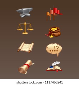 vector ancient icons for game symbol lawyer court attributes law