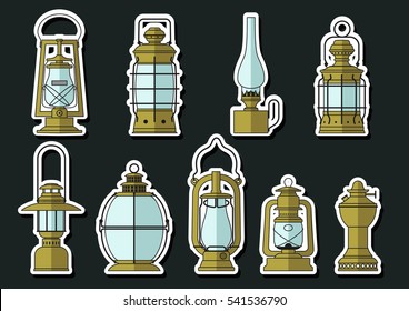 Vector Ancient Lanterns and Vintage Oil Lamps Set Flat Design 