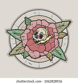 Vector Ancient Marble Mosaic Rose and Skull Stone Flower