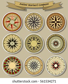 Vector Ancient Mariner's Compasses Set Retro Stickers Collection
