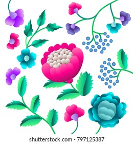 Vector Ancient Oriental folk motif of flowers. Manton shawl, Spanish Manila flamenco decorative embroidery ornament. Traditional handmade embroidery.