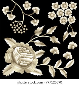 Vector Ancient Oriental folk motif of flowers. Manton shawl, Spanish Manila flamenco decorative embroidery ornament. Traditional handmade embroidery.