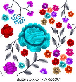 Vector Ancient Oriental folk motif of flowers. Manton shawl, Spanish Manila flamenco decorative embroidery ornament. Traditional handmade embroidery.
