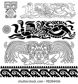 Vector of ancient patterns with mayan gods and ornaments