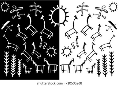 Vector ancient petroglyphs. Rock paintings, sketch for your design.
