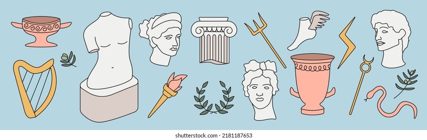 Vector  ancient sculpture Greece set (antique statues, branch, harp, snake, trident of Poseidon, scepter of Hermes, wings, olives, laurels, vases, lightning of Zeus, torch, column).  