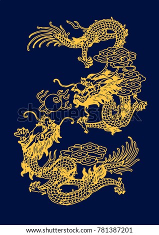 Vector of Ancient Traditional Chinese Artistic Dragon Pattern with flames ball