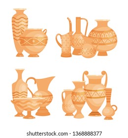 Vector ancient vases, bowls and goblets isolated on white background. Illustration of pottery and amphora, bowl and goblet made of earthenware