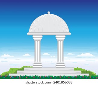 vector of an ancient white and gray architectural building with two carved columns and a semi-circular dome roof with striped patterns and stairs as well as flower plants and a blue sky background