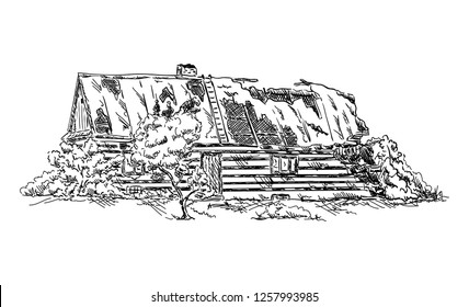 Vector - ancient,ruin, old wooden house, isolated on background