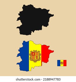 Vector of Andorra country outline map with flag set isolated on plain background. Silhouette of country map can be used for template, report, and infographic.