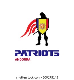 Vector Andorra Flag Patriots Soldier Logo. Mascot Character Design. Memorial Day Army man with Shield. Vector Freedom Leader Logo illustration