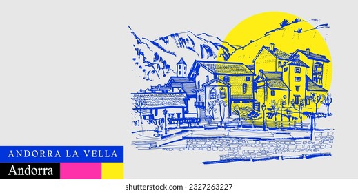 Vector Andorra la Vella postcard. Cozy European town in Pyrenees. Retro hand drawing. Travel sketch in bright vibrant colors. Modern hand drawn touristic poster, book illustration