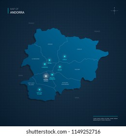 Vector Andorra map illustration with blue neon lightpoints - triangle on dark blue gradient background. Administrative divisions, cities, borders, capital. Neon tech background with glow. 