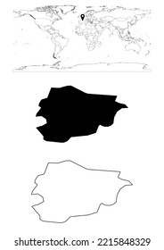 Vector Andorra map, map of Andorra showing country location on world with solid and outline maps for Andorra on white background. File is suitable for digital editing and prints of all sizes.