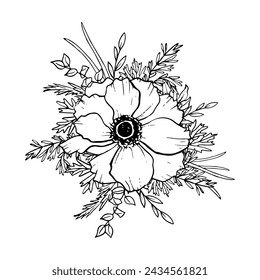 Vector anemone flower with eucalyptus branches and grass hand drawn ink illustration. Field poppy wildflower for logo design and prints